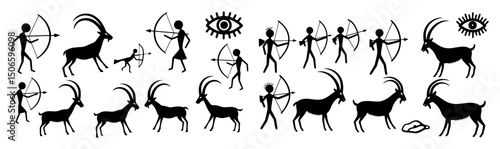 prehistoric cave drawings of animals and humans – ancient art vector