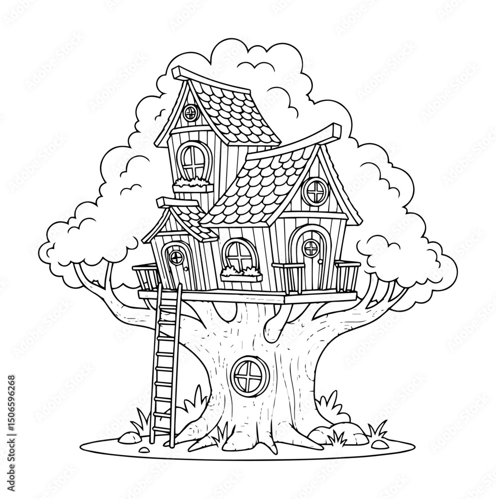 Naklejka premium treehouse with ladder in fairytale style – cozy childhood vector
