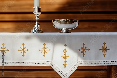 A white linen tablecloth with golden crosses embroidered on it, featuring an altar chalice and paten in the center of its surface.