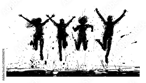 silhouettes of jumping friends – dynamic splash vector art