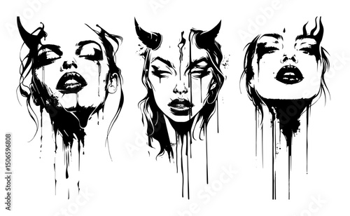 melting surreal female faces – emotional gothic art vector