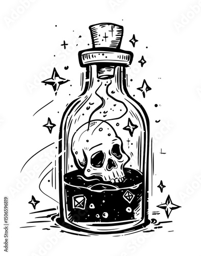 magic potion bottle with skull – fantasy poison elixir vector