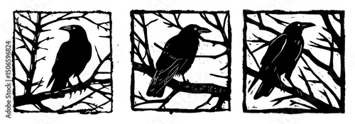 raven on branches set – gothic bird silhouette vector