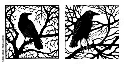 raven perched on tree branches – gothic silhouette bird vector