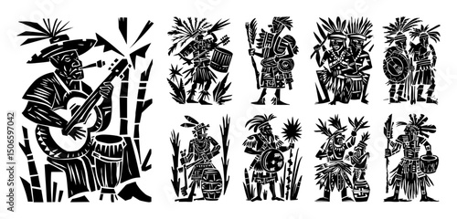 african tribal musicians and dancers – ethnic cultural vector set