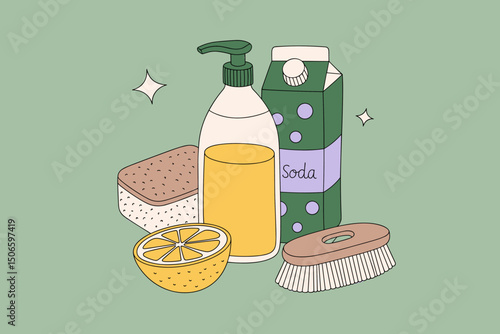  Collection of Natural Cleaning Supplies Including Lemon and Baking Soda