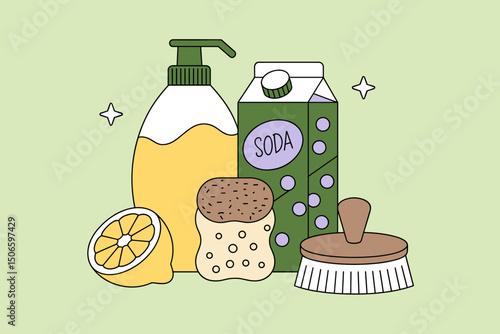  Collection of Natural Cleaning Supplies Including Lemon and Baking Soda