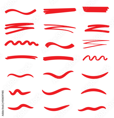 Set of icons with red pen handwriting lines. 
Hand drawn marker pen line stroke set. Highlighters, hand drawn underline. Scribble underline markers set.