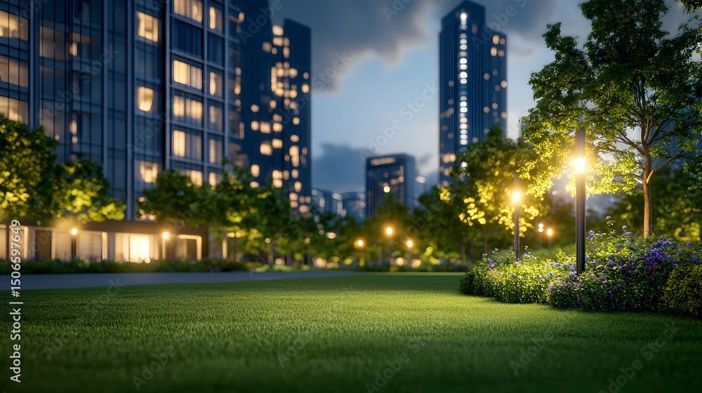 Lush greenery and illuminated city park at dusk. Lush greenery and illuminated city park at dusk.