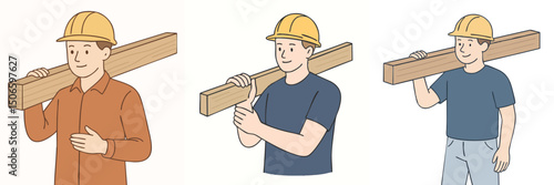 vector illustration collection of a construction worker carrying long wooden beams on his shoulders