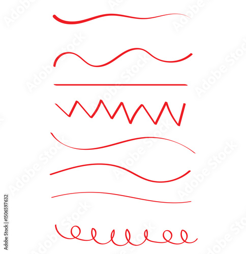 Set of icons with red pen handwriting lines. Hand drawn marker pen line stroke set. Highlighters, hand drawn underline. Scribble underline markers set.
