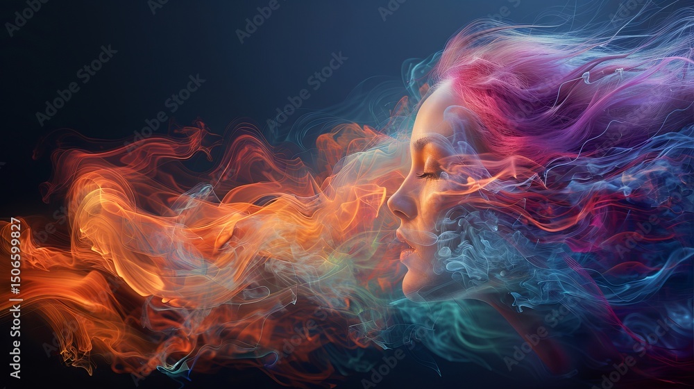 Fototapeta premium Woman expressing inner voice through colorful smoke and light