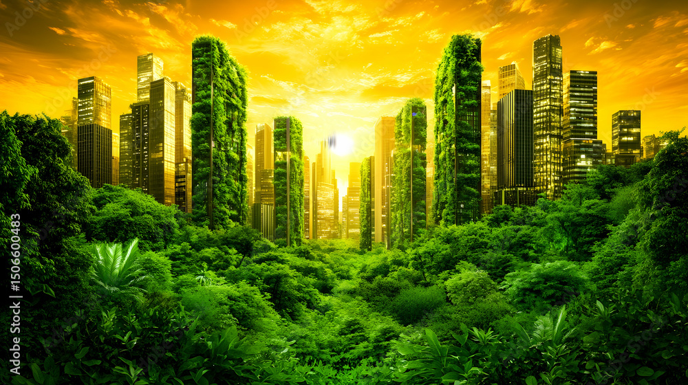 Obraz premium Lush vegetation reclaims a cityscape at sunset.
