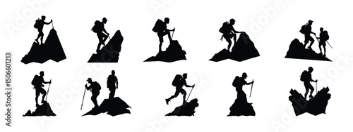 Hiker climbing rocky mountain silhouette, outdoor adventure vector design.