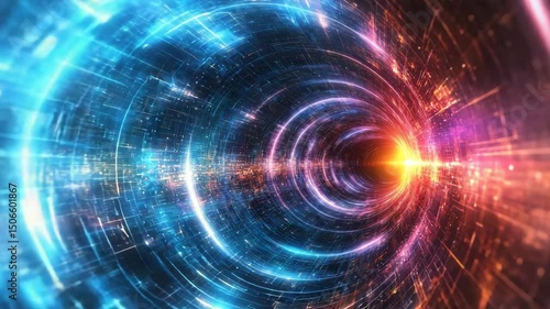 A vibrant, glowing tunnel of swirling lights and energy evokes a futuristic, sci-fi digital portal or wormhole.