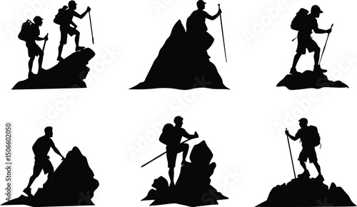 Hiker climbing rocky mountain silhouette, outdoor adventure vector design.
