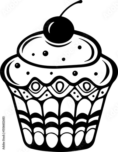 SVG vector design of a stylized cupcake Decorative.Black and White Cupcake Design with Cherry on Top Desserts