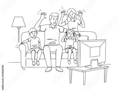 scared family watching tv vector line art
