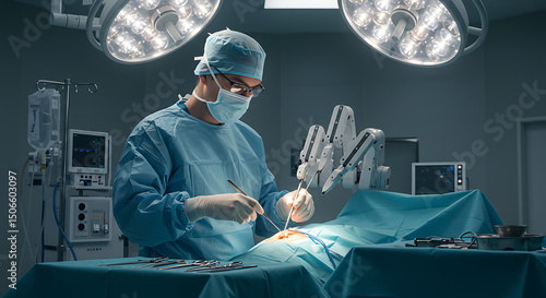 Surgeon Performing Robotic Surgery with Surgical Tools and Equipment