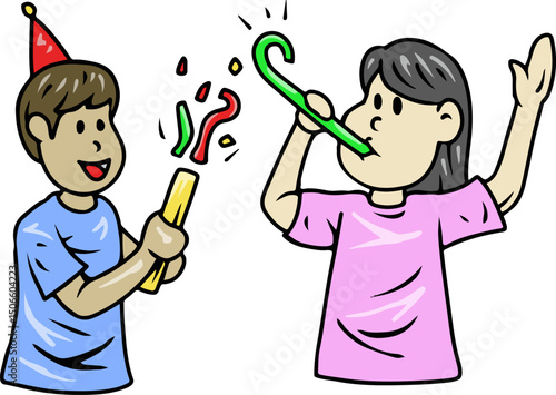 Cartoon kids celebrating with confetti and party blower