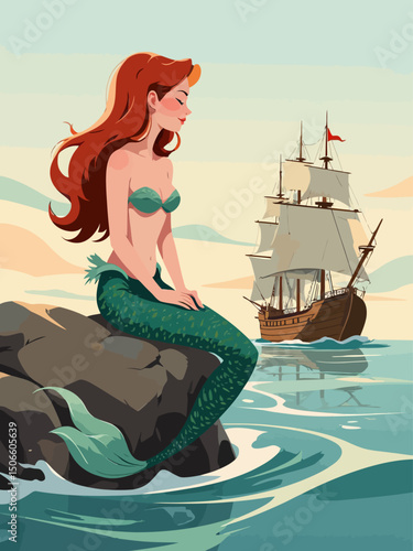  beautiful red haired mermaid on a rock, 1800s sailing ship in the background