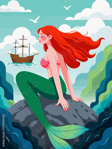  beautiful red haired mermaid on a rock, 1800s sailing ship in the background