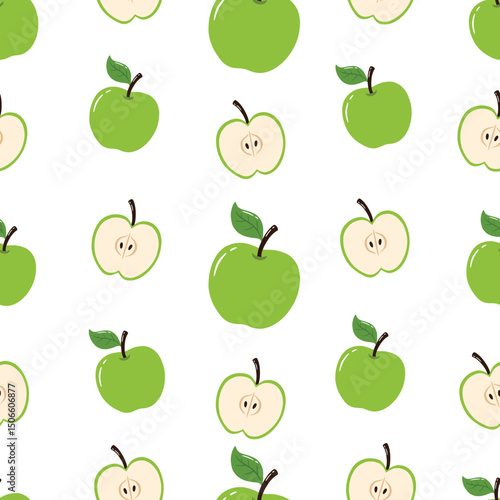Seamless Hand Drawn Green Apple Pattern Designs White Background