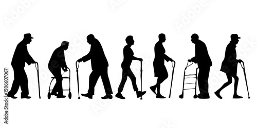 Elderly people using walking aid silhouette. collection of black silhouette illustrations depicting various elderly individuals using walkers.Silhouettes of Seniors Using Walking Aids.
