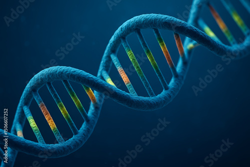 A high-resolution 3D rendering of a DNA double helix structure on a deep blue background. The intertwined strands and colored base pairs are shown in vivid detail, representing genetic science, biotec