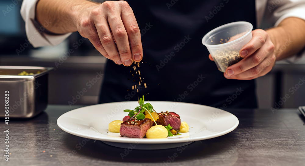 Chef preparing gourmet steak dish with precision in professional kitchen Chef preparing gourmet steak dish with precision in professional kitchen