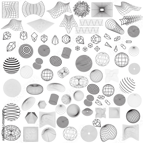 Brutalist abstract geometric shapes and grids. Brutal contemporary figure star oval spiral flower and other primitive elements. Swiss design aesthetic. Bauhaus Memphis design.
