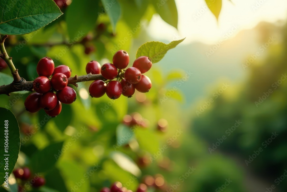 Obraz premium Sunlit Berries on a Lush Branch, a Vibrant Display of Nature's Bounty, Ready for Harvest