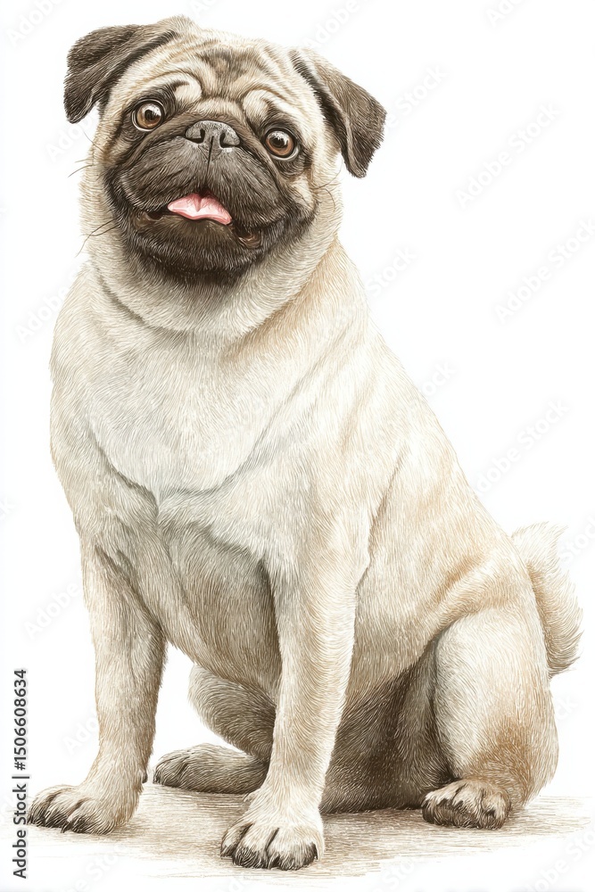 Obraz premium Adorable Pug Dog Sitting and Panting With Tongue Out, Representing Pet Adoption and Canine Companionship in Animal Welfare Campaigns : Generative AI