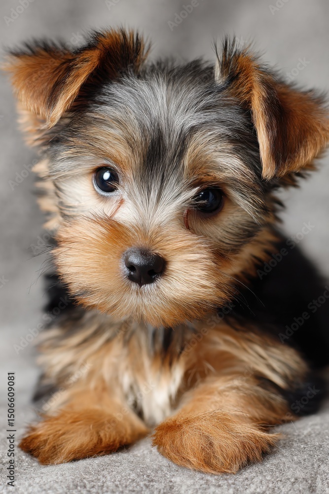Adorable Yorkshire Terrier Puppy Portrait on Gray Backdrop, Conveying Pet Ownership and Animal Companionship With a Focus on Loyalty and Friendship : Generative AI Adorable Yorkshire Terrier Puppy Portrait on Gray Backdrop, Conveying Pet Ownership and Animal Companionship With a Focus on Loyalty and Friendship : Generative AI