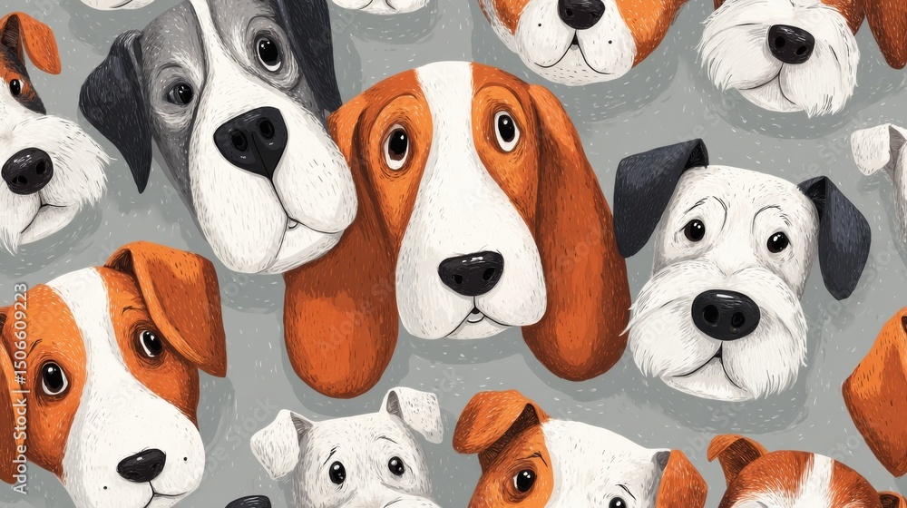 Fototapeta premium Cartoon Dog Faces Pattern on Gray Background, Symbolizing Animal Companionship and Pet Adoption for Family and Lifestyle Content : Generative AI