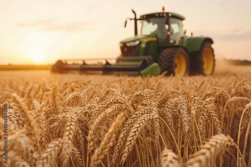 Wheat field. Ears of golden wheat. Combine harvester reaps golden wheat field at sunset. Ripe ears glow in warm sunlight. Wheat field. Ears of golden wheat. Combine harvester reaps golden wheat field at sunset. Ripe ears glow in warm sunlight.