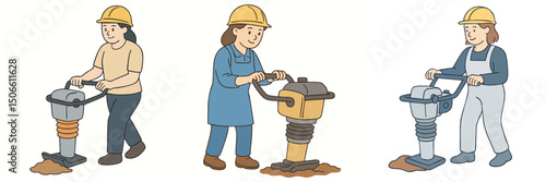 vector illustration collection of a woman wearing a safety helmet and apron operating a soil compactor over a small pile of soil