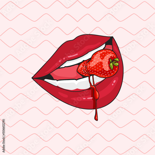 LIPS BITE STRAWBERRY VECTOR ILLUSTRATION