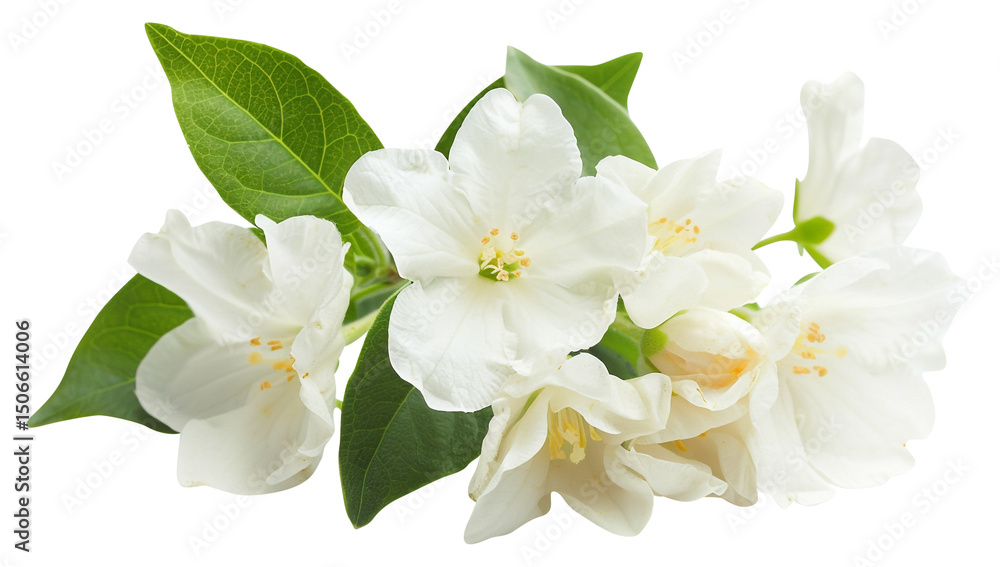 Obraz premium white jasmine flowers with bright green leaves