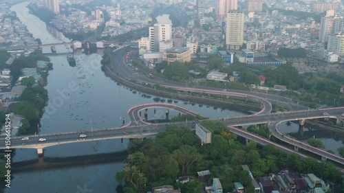 Ho Chi Minh City, Vietnam May 26,2025 4k aerial video of District 8 skyline, downtown of Ho Chi Minh City during sunrise