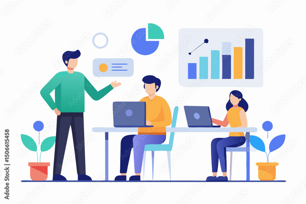 Flat Vector Illustration of Manager Giving Project Update with Charts and Team Around Table Flat Vector Illustration of Manager Giving Project Update with Charts and Team Around Table