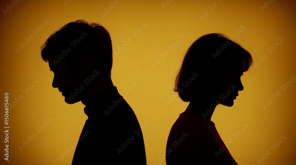 Silhouette of a man and woman facing away from each other, symbolizing conflict or separation, with a warm orange background. Silhouette of a man and woman facing away from each other, symbolizing conflict or separation, with a warm orange background.