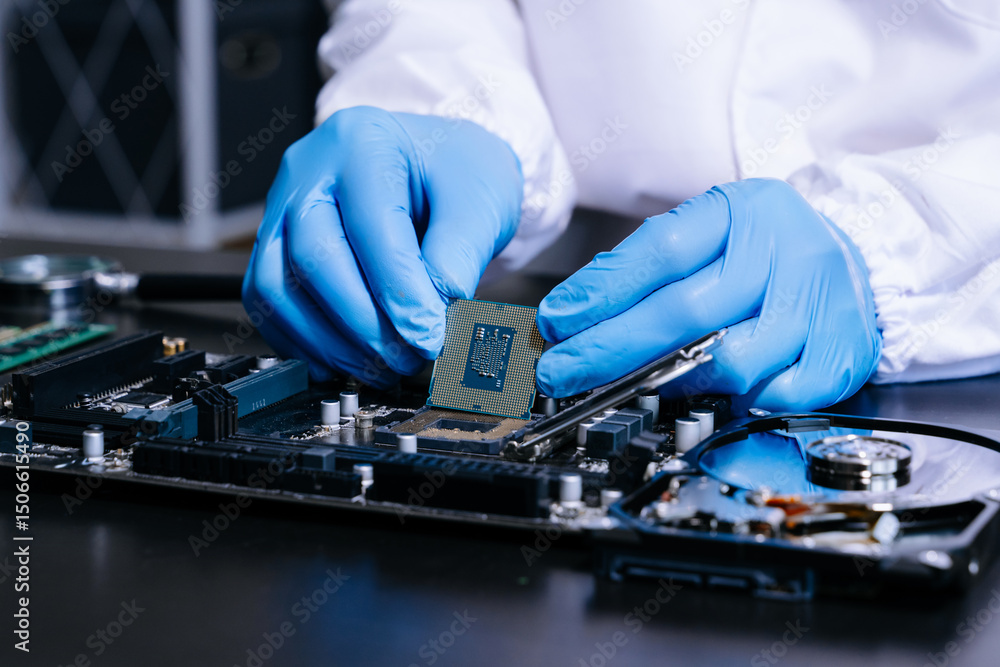 Obraz premium The technician is putting the CPU on the socket of the computer motherboard. electronic engineering electronic