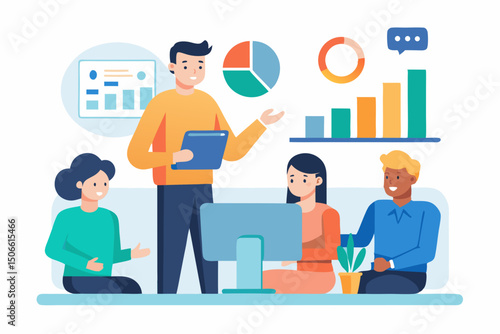 Flat Vector Illustration of Manager Giving Project Update with Charts and Team Around Table