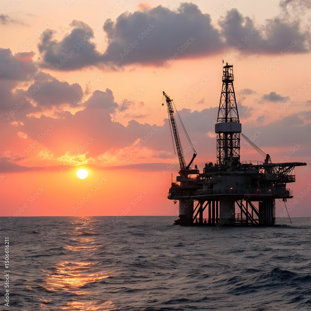 Oil Platform in the Ocean with the Sun Setting Behind, Capturing Industrial Power Framed by a Serene, Oil Platform in the Ocean with the Sun Setting Behind, Capturing Industrial Power Framed by a Serene,