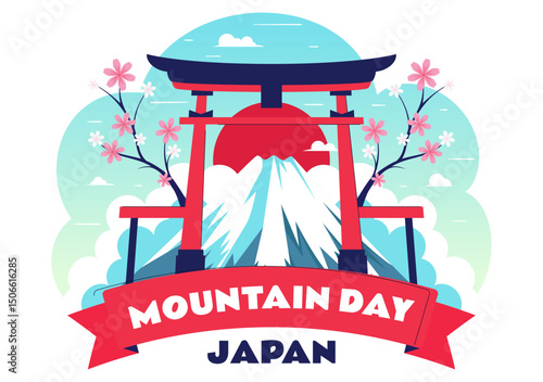 Mountain Day in Japan Vector Illustration on August 11 Celebration Featuring Mount Fuji and Sakura Flowers in a Flat Style Cartoon Background