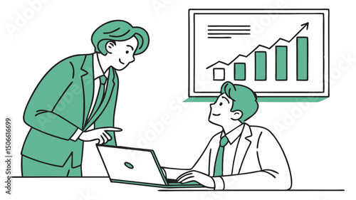 Businesspeople reviewing laptop data and growth chart