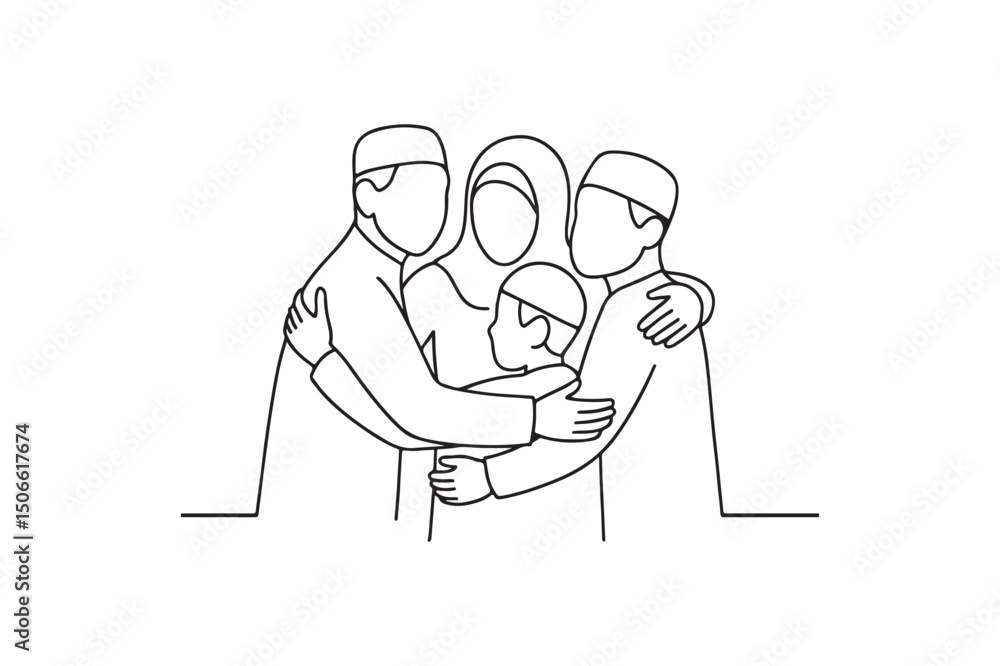 Fototapeta premium Family hugging after Eid prayer continuous one line drawing minimalism design