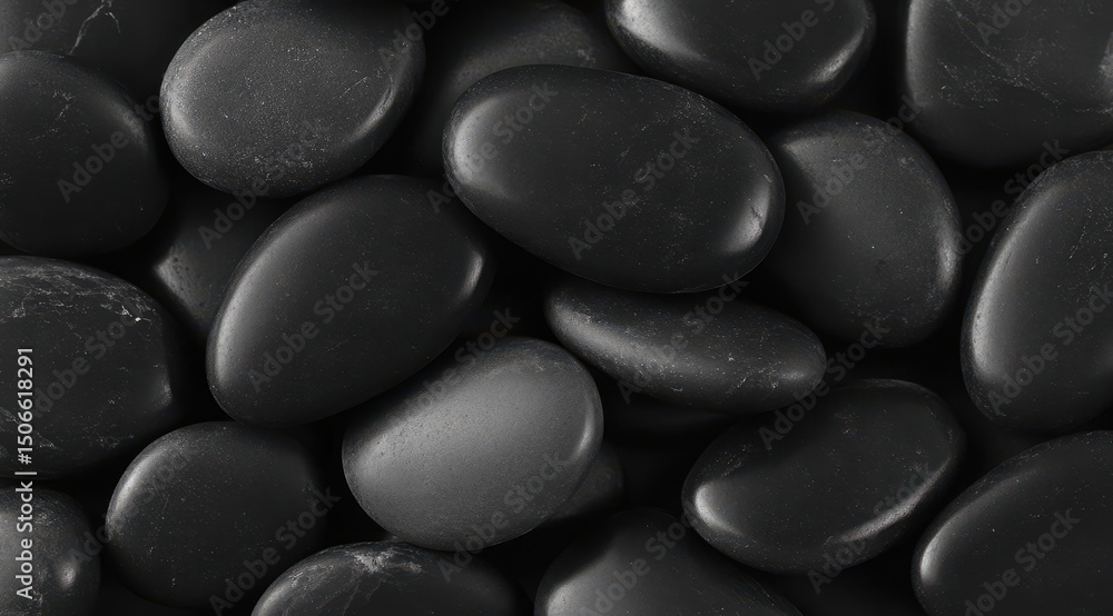 Close-up of numerous smooth, dark gray and black oval-shaped stones densely packed together, creating a textural background Close-up of numerous smooth, dark gray and black oval-shaped stones densely packed together, creating a textural background