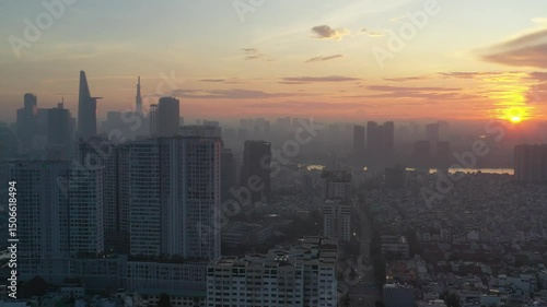 Ho Chi Minh City, Vietnam May 26,2025 4k aerial video of District 1 skyline, downtown of Ho Chi Minh City during sunrise